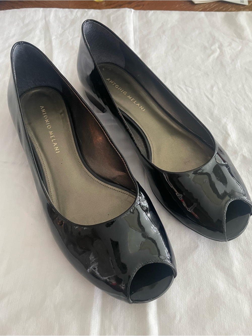 ANTONIO MELANI Black Patent Peep-Toe Flats